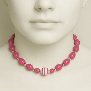Silver Pink Beaded Necklace with White Stripes – Women’s Fashion Jewelry - 18-in